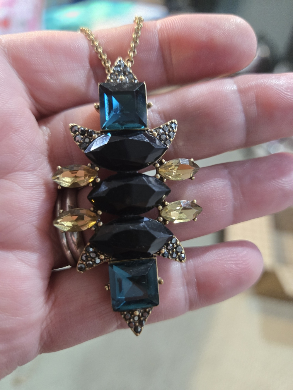 J. Crew Vintage Teal, Black & Yellow Statement Pendant Necklace